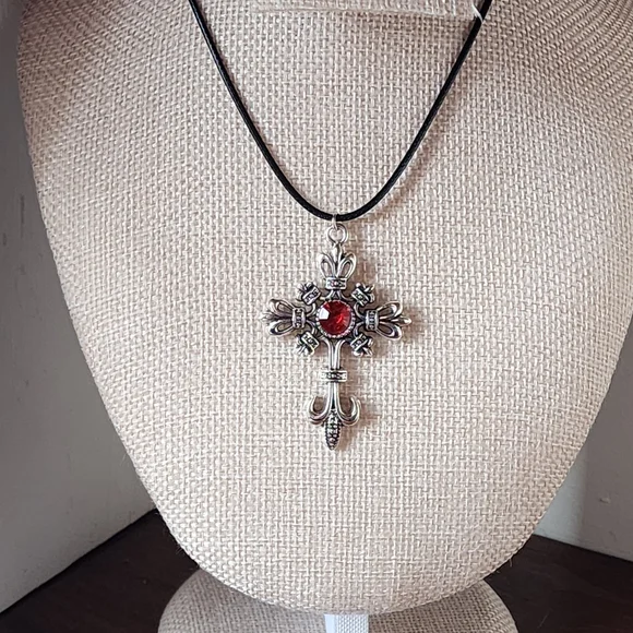 Elegant Silver Goth Easter Cross Pendant Necklace with Red Gem - Picture 7 of 8